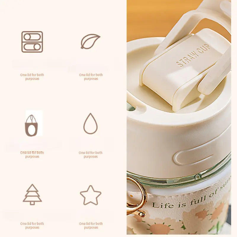 Double Drinking Straw Cup Glass Tumbler with Pearl Strap