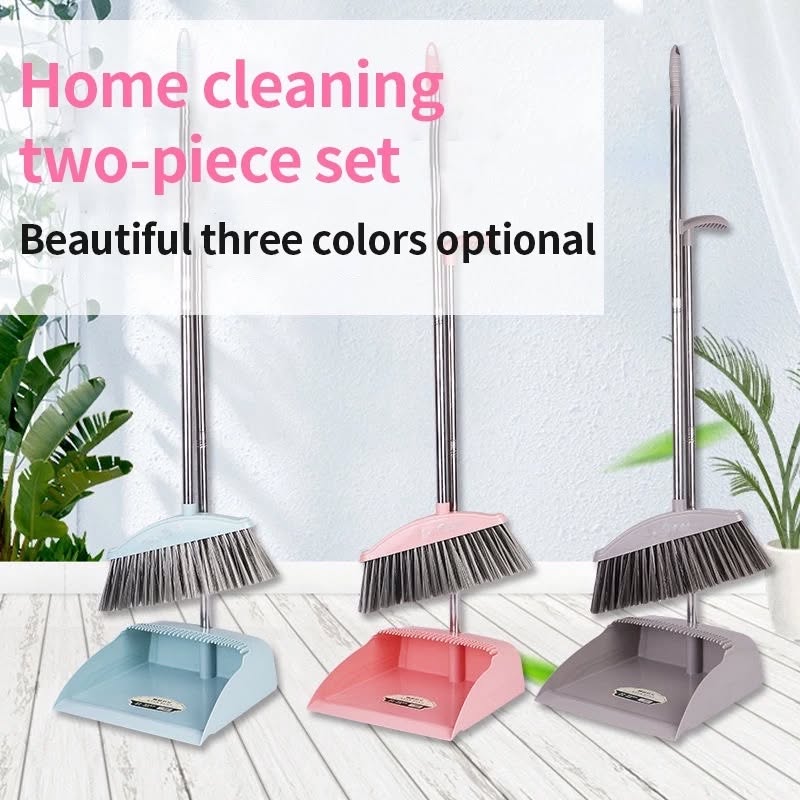 Broom and Dustpan Set - Long Handle Broom and Bristled Dustpan