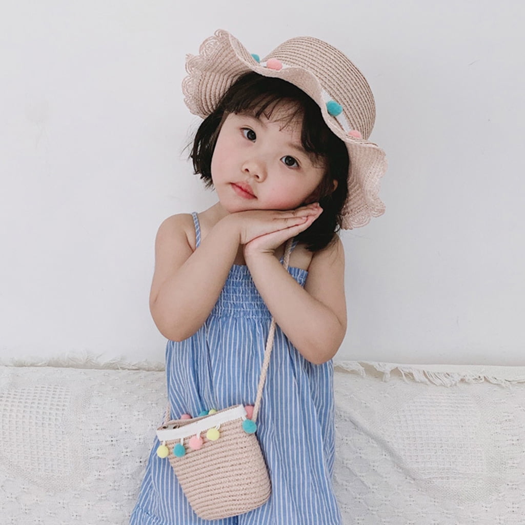 Little Girls Sun Straw Hat and Bag Set