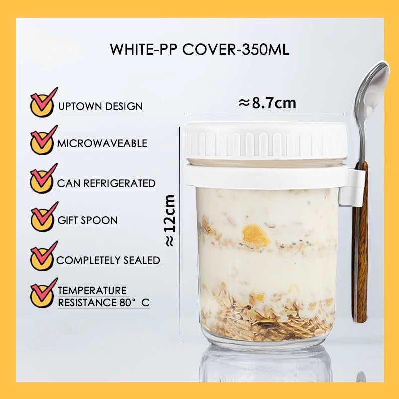 Leak-Proof 350ml Glass Overnight Oats Jar with Airtight Lid & Spoon