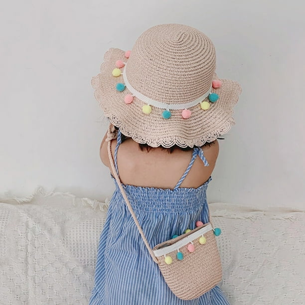 Little Girls Sun Straw Hat and Bag Set