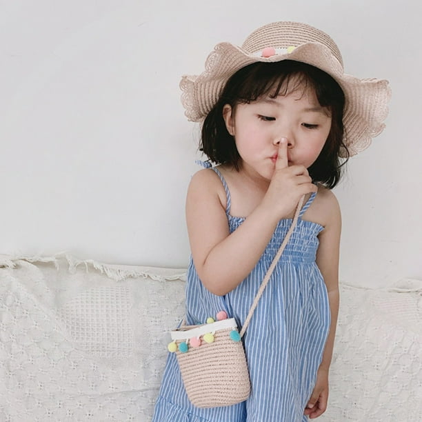 Little Girls Sun Straw Hat and Bag Set