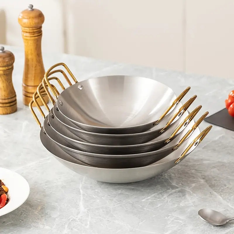 Stainless Steel Frying Pan Wok With Double Gold Handles