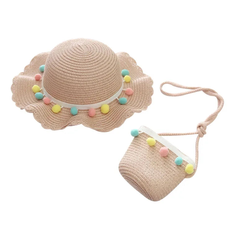Little Girls Sun Straw Hat and Bag Set