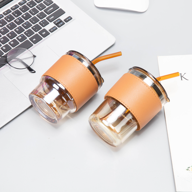 Bamboo Joint Glass Cup with Leather Sleeve