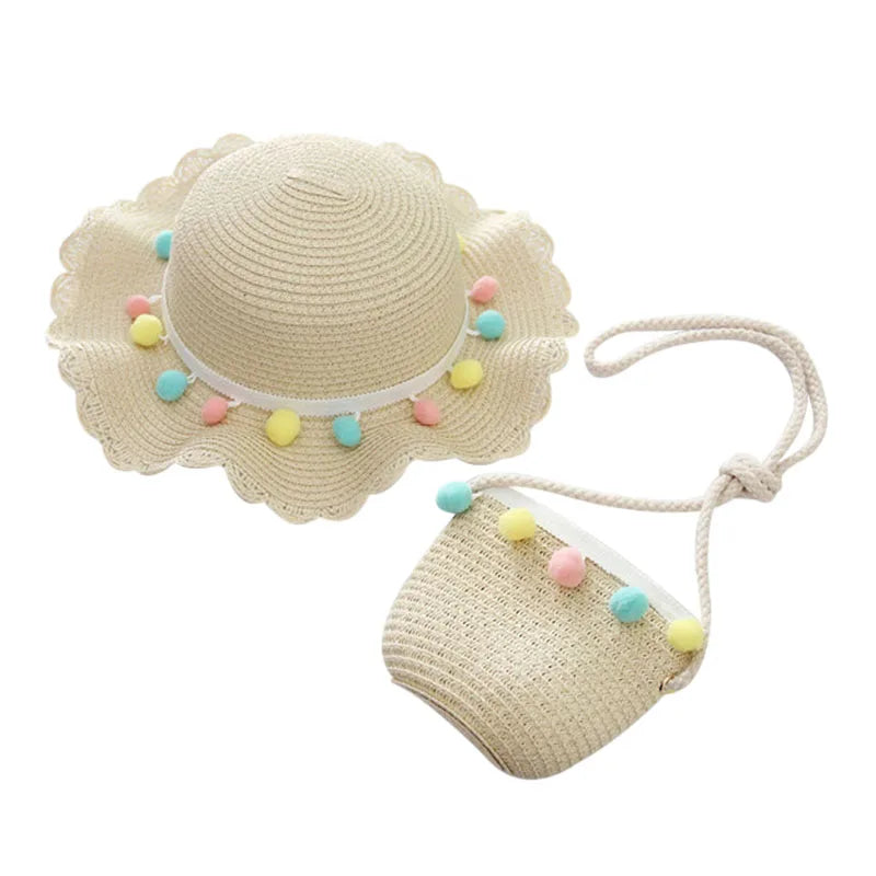 Little Girls Sun Straw Hat and Bag Set