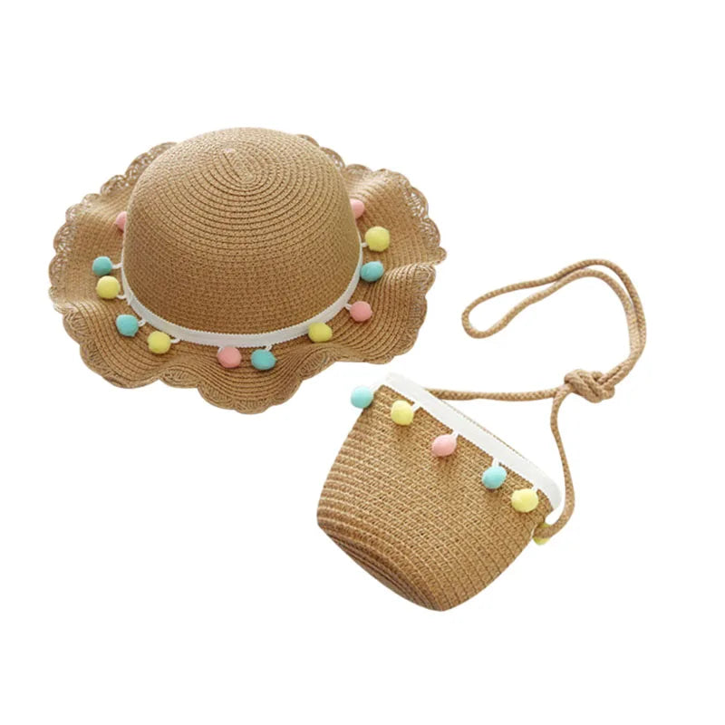 Little Girls Sun Straw Hat and Bag Set