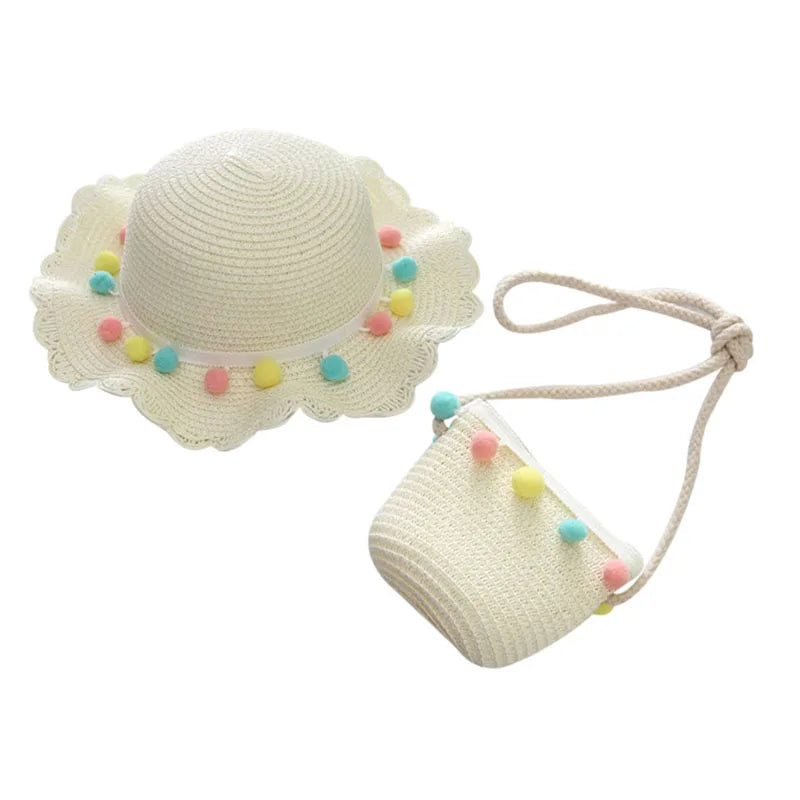 Little Girls Sun Straw Hat and Bag Set