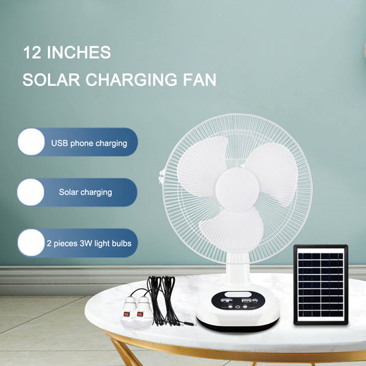 12 Inch Solar Power Desk Fan with Two Light Bulb