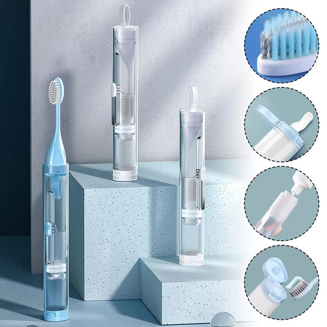 Portable Folding Toothbrush with Built-in Refillable Toothpaste Tube Set