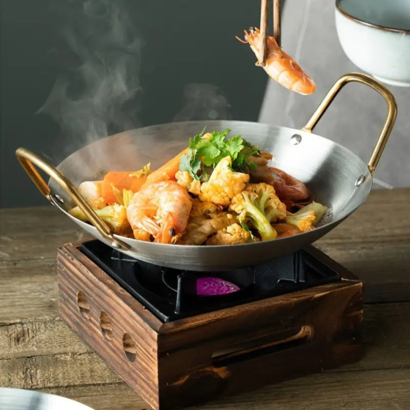 Stainless Steel Frying Pan Wok With Double Gold Handles