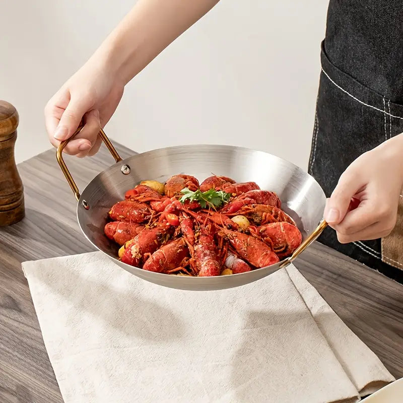 Stainless Steel Frying Pan Wok With Double Gold Handles
