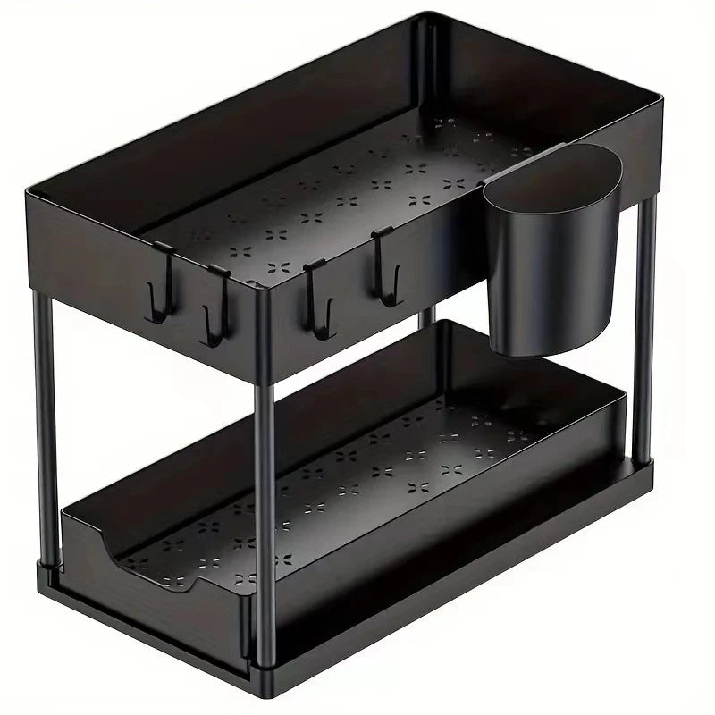 Multi-Purpose 2 Tier Under Sink Organizer with Hooks and Sliding Drawer