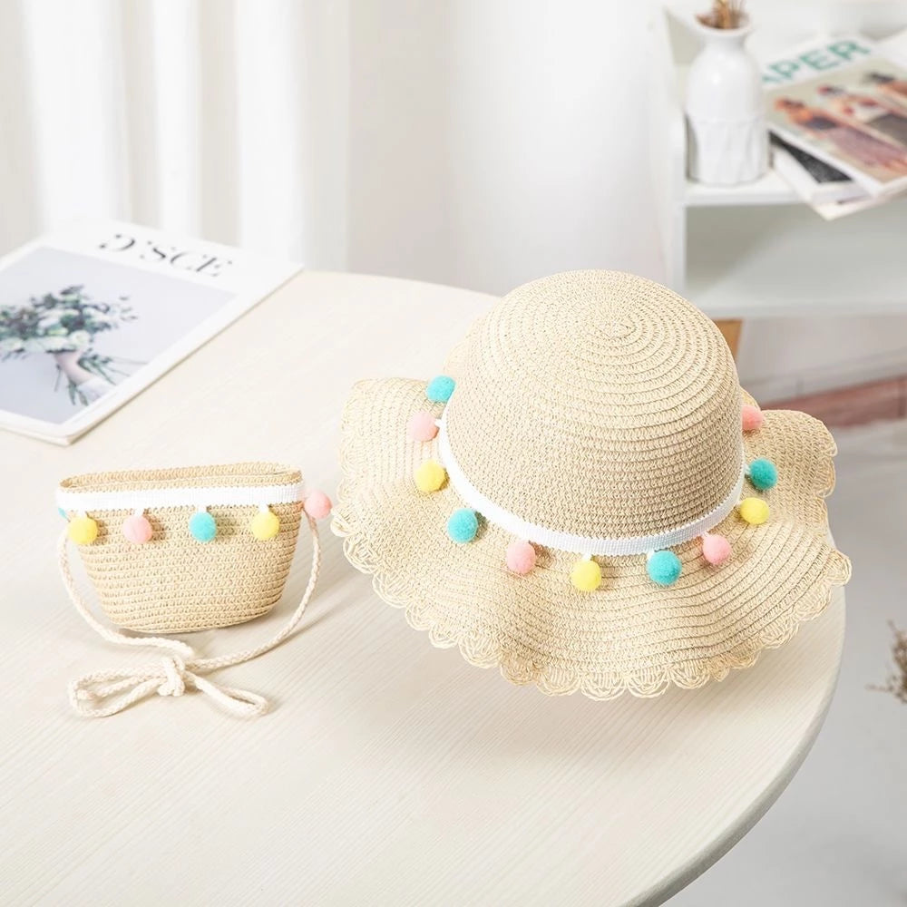 Little Girls Sun Straw Hat and Bag Set
