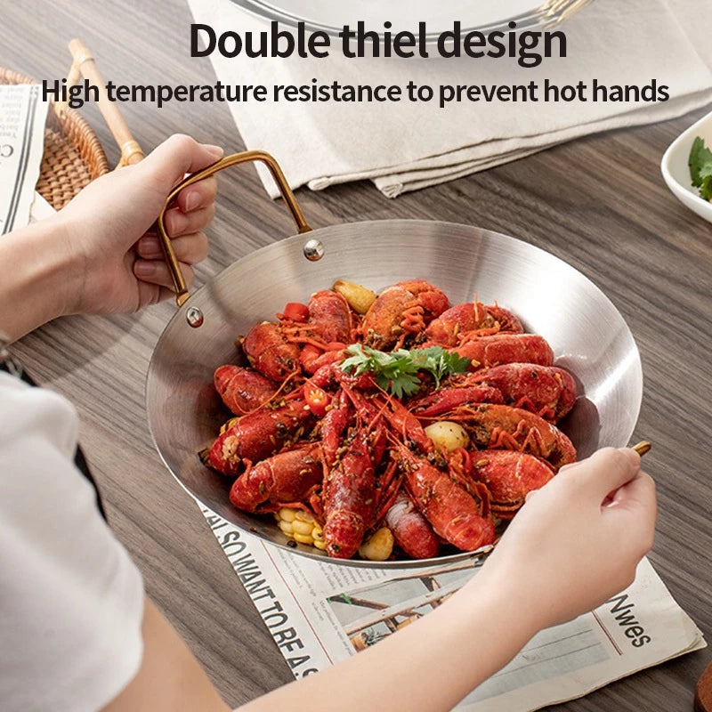 Stainless Steel Frying Pan Wok With Double Gold Handles