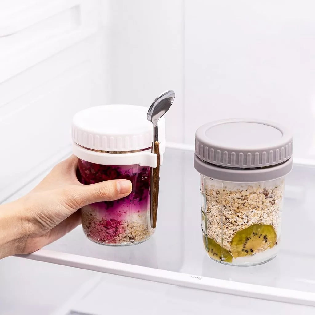 Leak-Proof 350ml Glass Overnight Oats Jar with Airtight Lid & Spoon