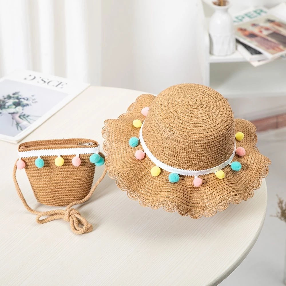 Little Girls Sun Straw Hat and Bag Set