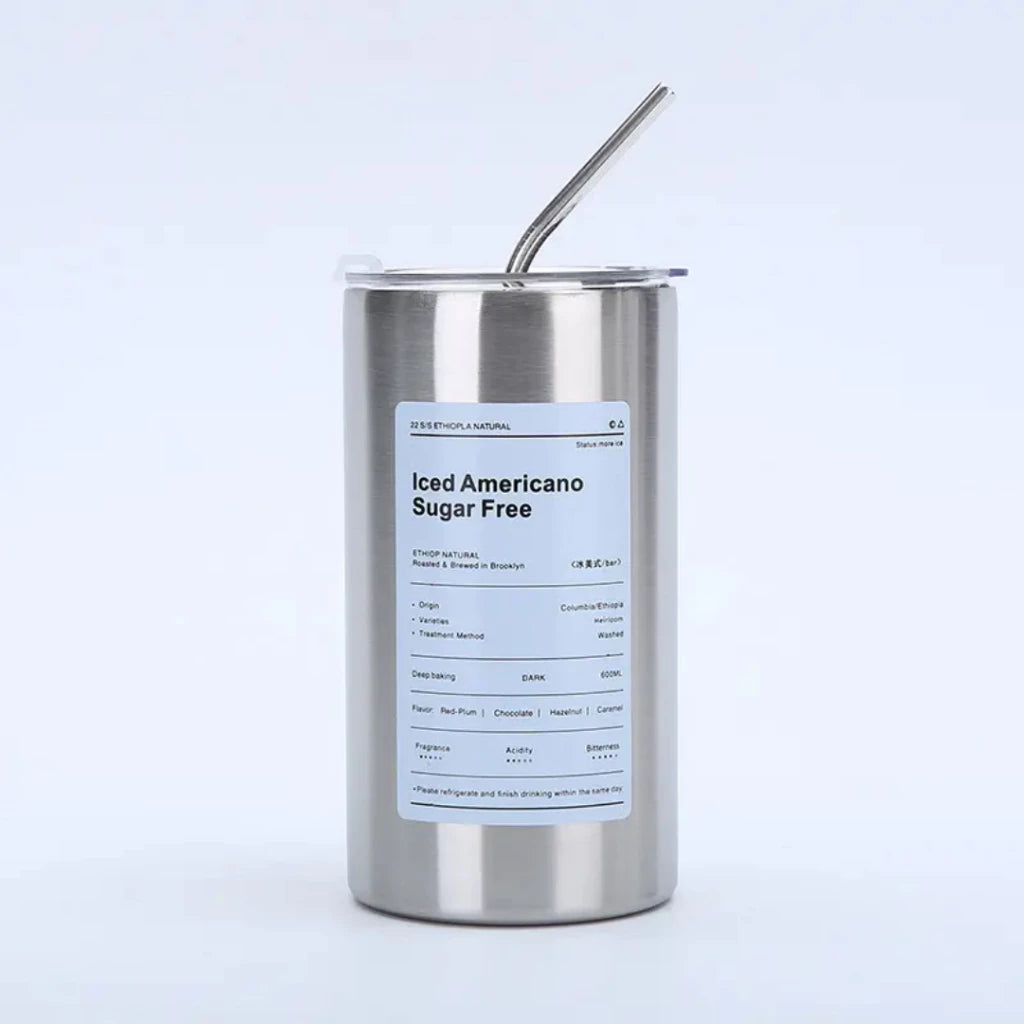 600ml Stainless Steel Iced Coffee Cup with Straw