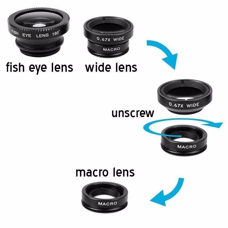Universal 3in1 Fish Eye + Wide Angle + Macro Camera Mobile Phone Clip-on Lens