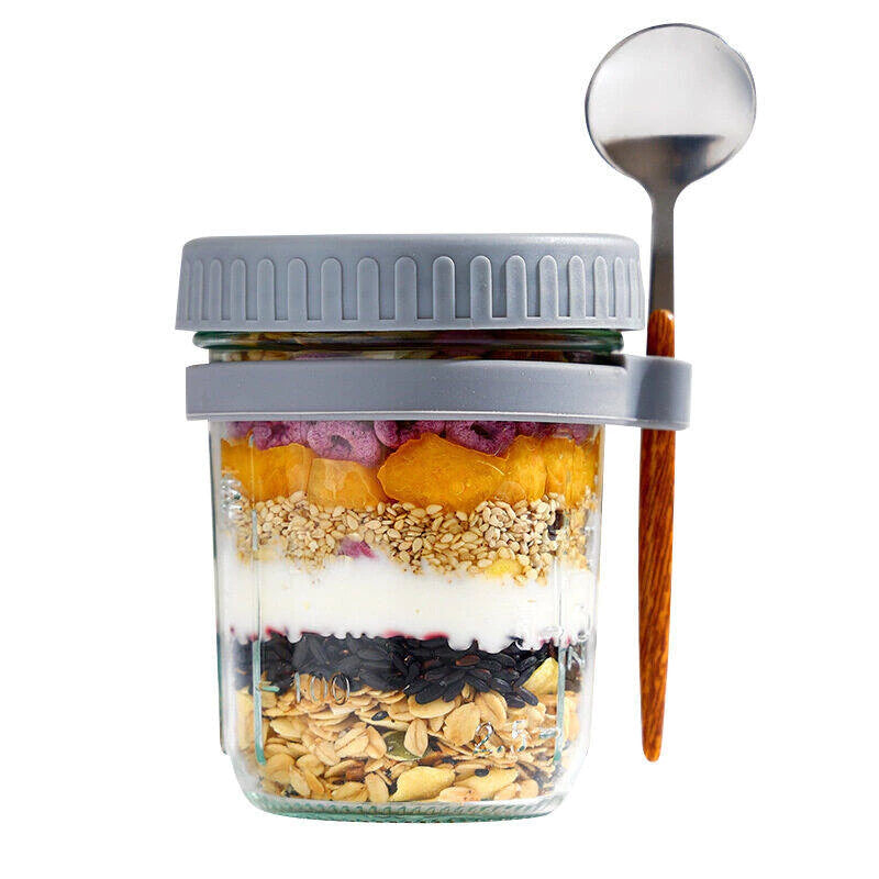 Leak-Proof 350ml Glass Overnight Oats Jar with Airtight Lid & Spoon
