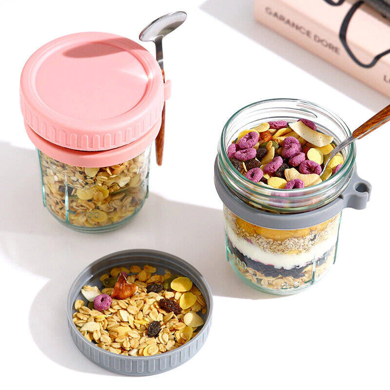 Leak-Proof 350ml Glass Overnight Oats Jar with Airtight Lid & Spoon