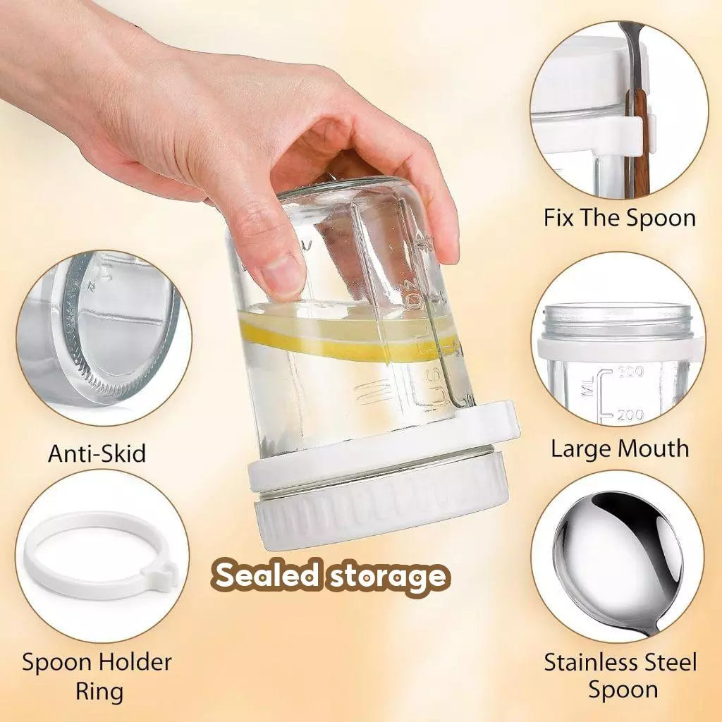 Leak-Proof 350ml Glass Overnight Oats Jar with Airtight Lid & Spoon