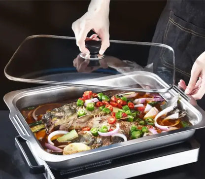 40cm Stainless Steel Food Tray with Glass Lid