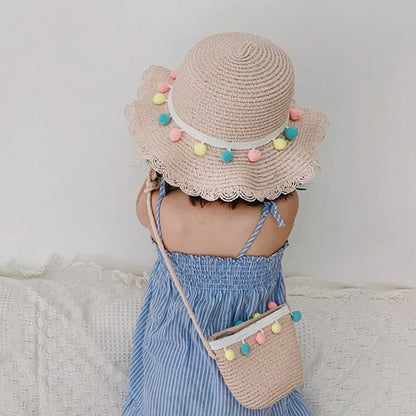 Little Girls Sun Straw Hat and Bag Set