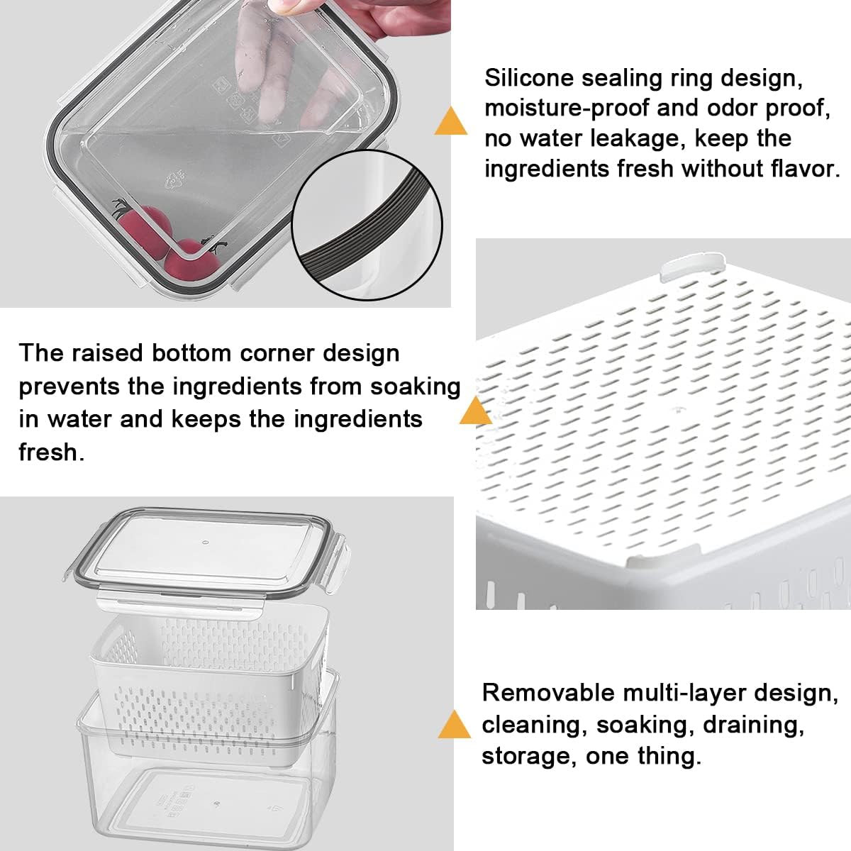 3 Piece Set Transparent Food Storage Containers with Strainer