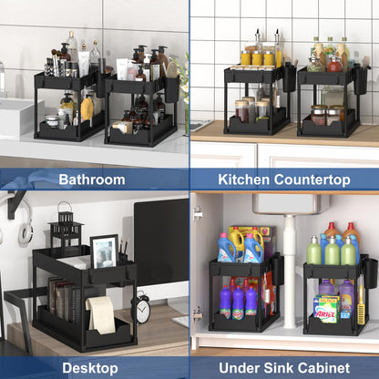 Multi-Purpose 2 Tier Under Sink Organizer with Hooks and Sliding Drawer