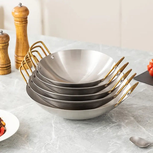 Stainless Steel Frying Pan Wok With Double Gold Handles