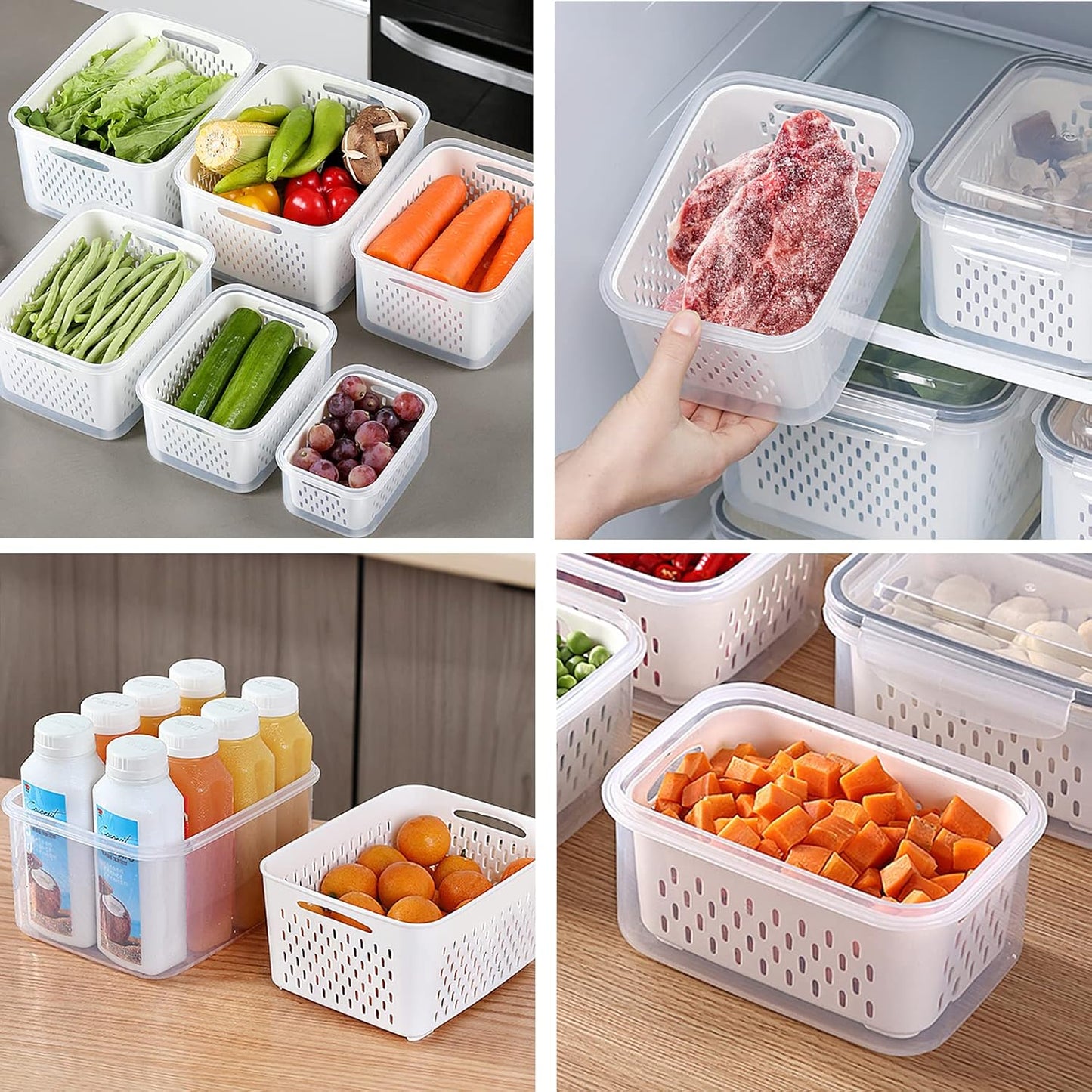 3 Piece Set Transparent Food Storage Containers with Strainer