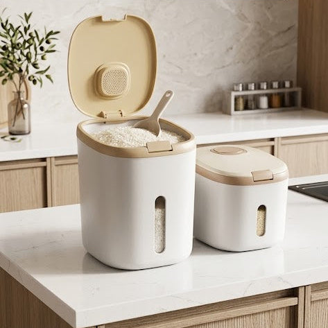 Insect-Proof Mocha Rice Storage Barrel Dispenser with Measuring Cup