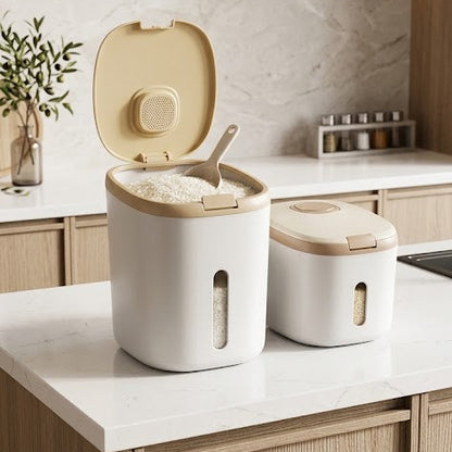 Insect-Proof Mocha Rice Storage Barrel Dispenser with Measuring Cup