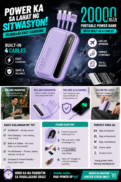 20000mAh Fast Charging Portable Power Bank with Built-in 4 Cables