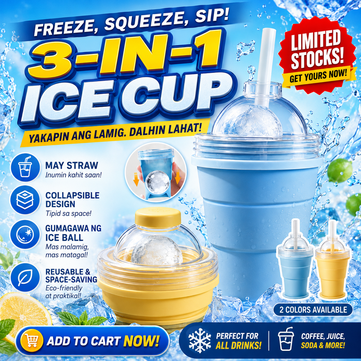 Collapsible Silicone Ice Ball Maker Cup with Straw