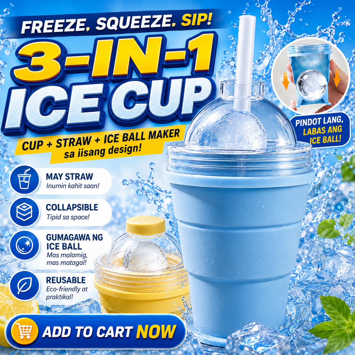 Collapsible Silicone Ice Ball Maker Cup with Straw