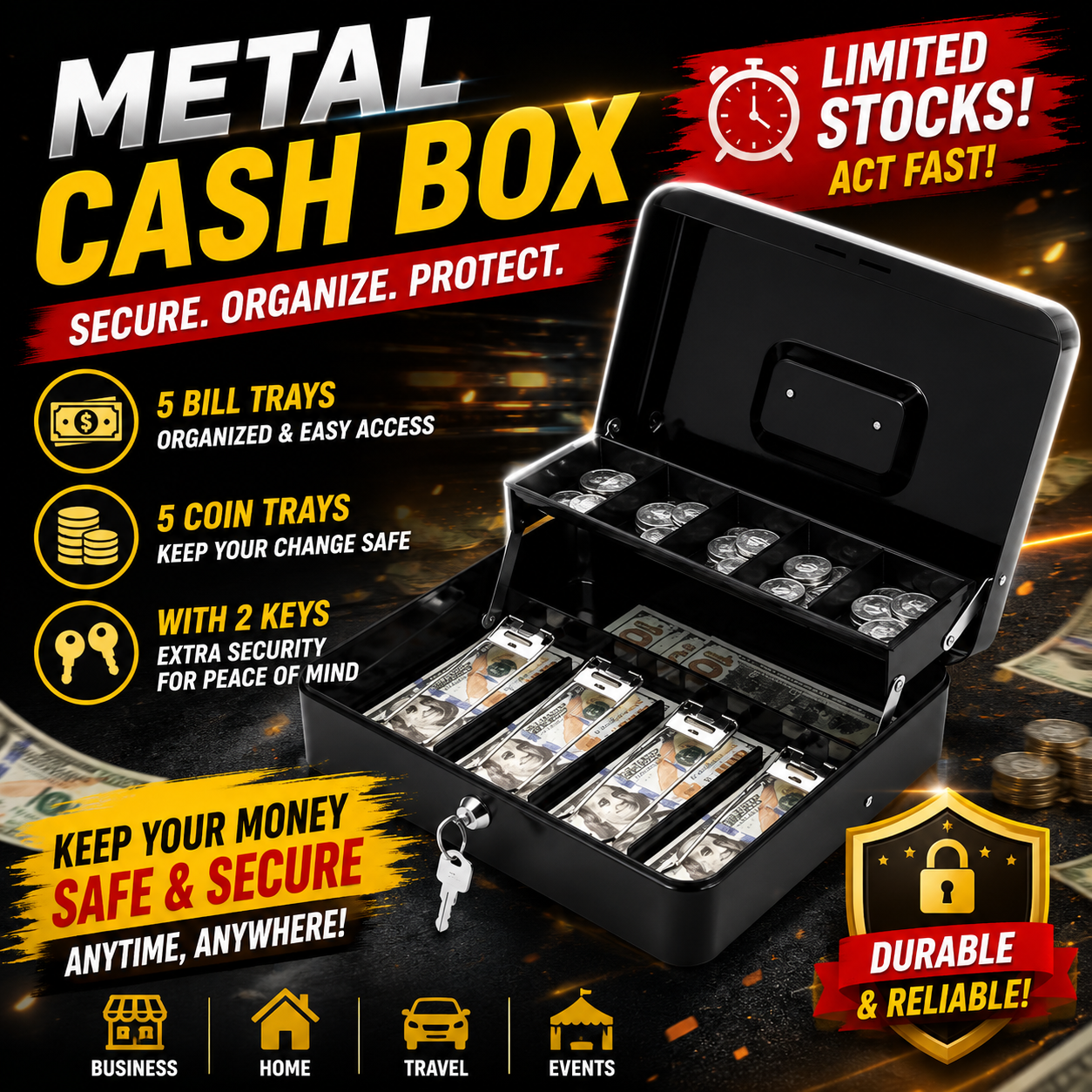 Metal Cash Box with Key – Secure Money Storage