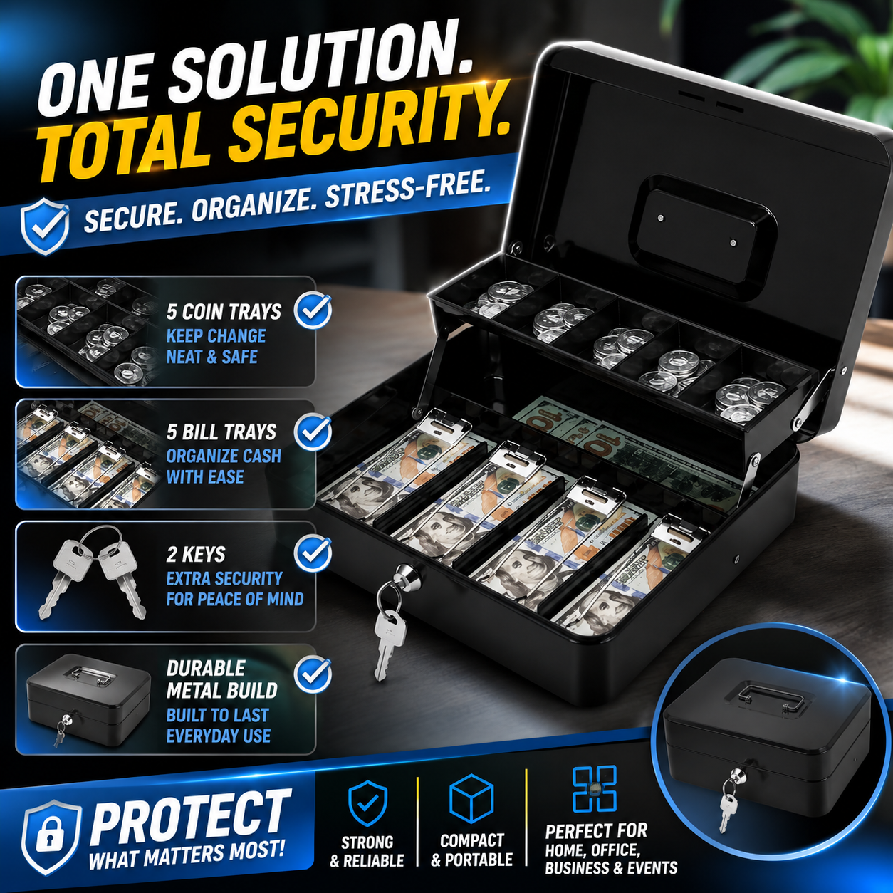 Metal Cash Box with Key – Secure Money Storage