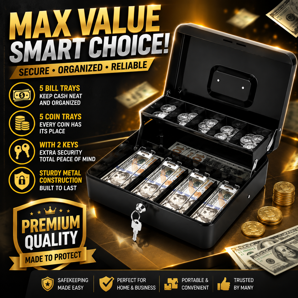 Metal Cash Box with Key – Secure Money Storage