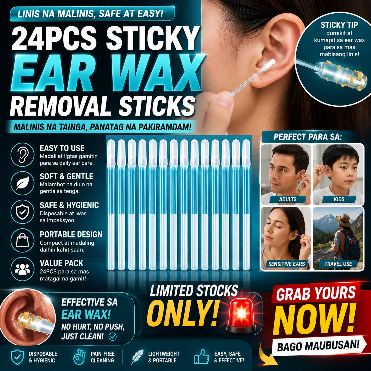 24PCS Sticky Ear Wax Removal Sticks