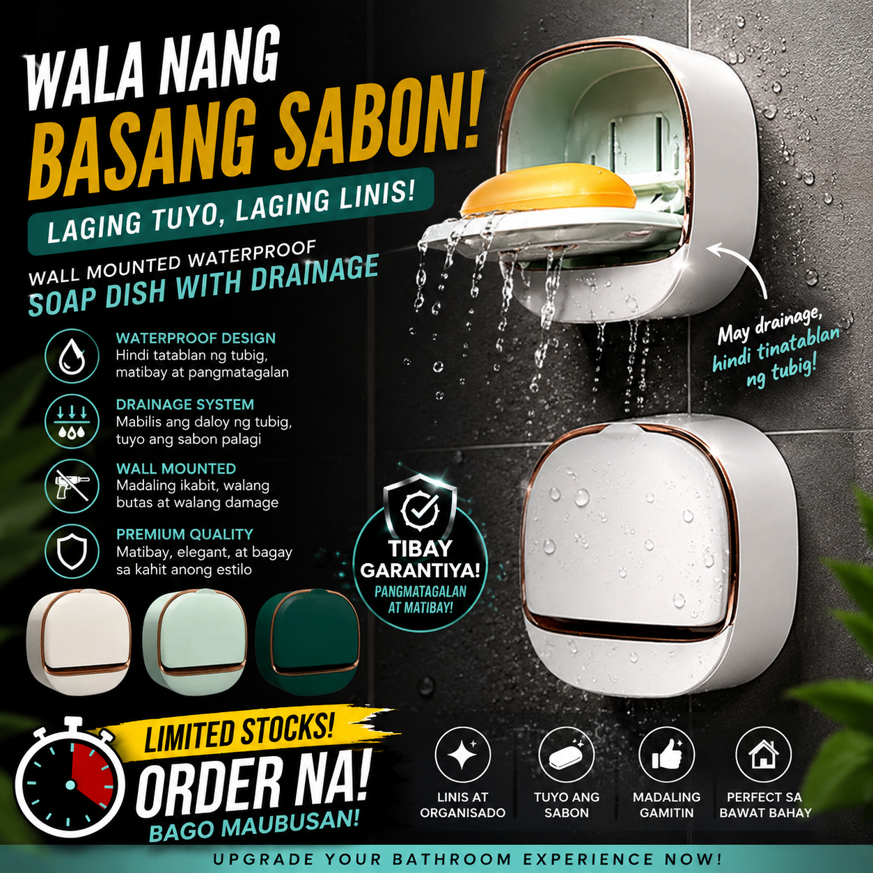 Wall Mounted Waterproof Soap Dish with Drainage