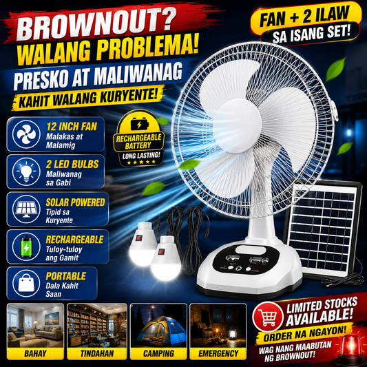 12 Inch Solar Power Desk Fan with Two Light Bulb