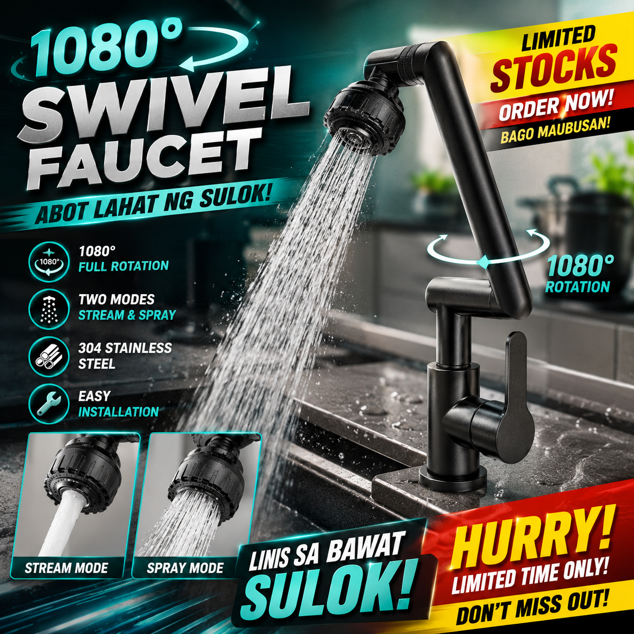 1080° Swivel Stainless Steel Faucet