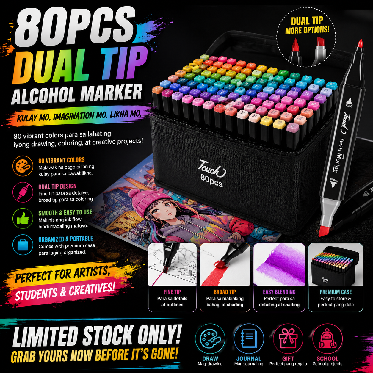 80pcs Dual Tip Alcohol Marker