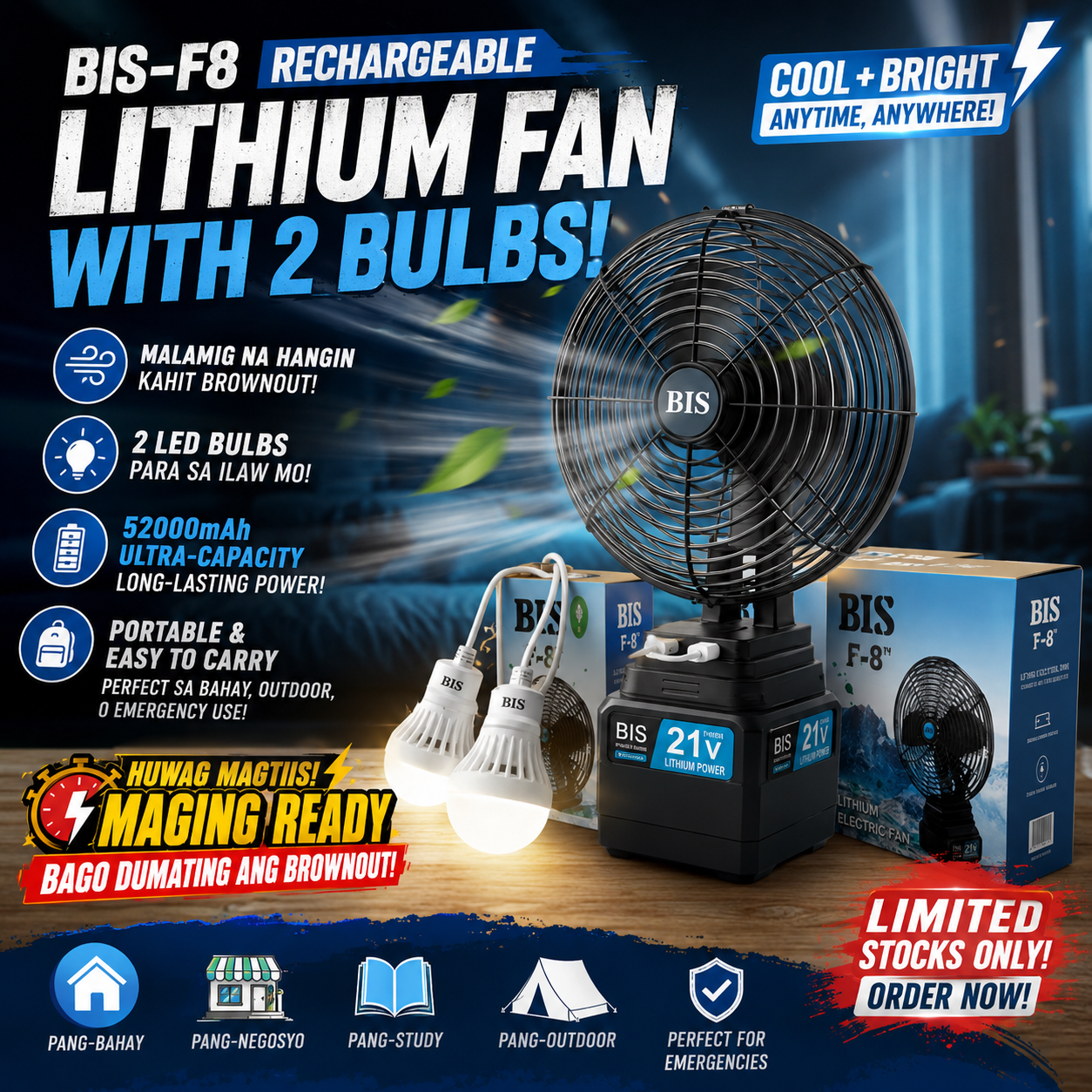 BIS F-8 Rechargeable Lithium Electric Fan with Two Bulbs