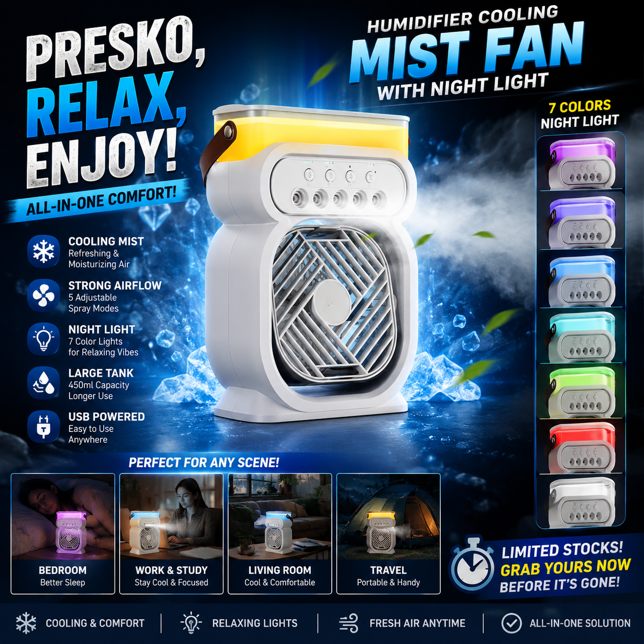 Humidifier Cooling Mist Fan with Night Light