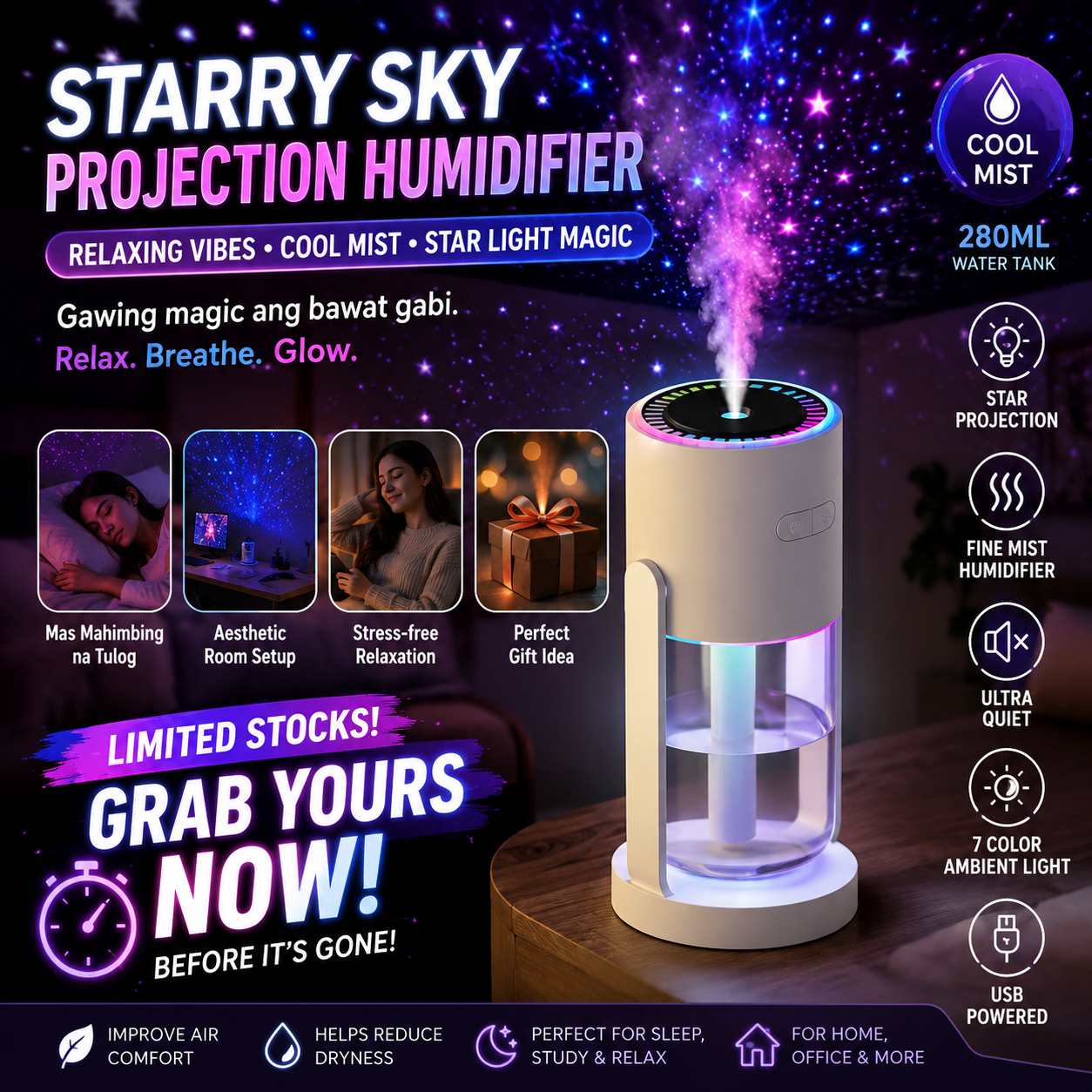 Starry Sky Projection Humidifier 280ml