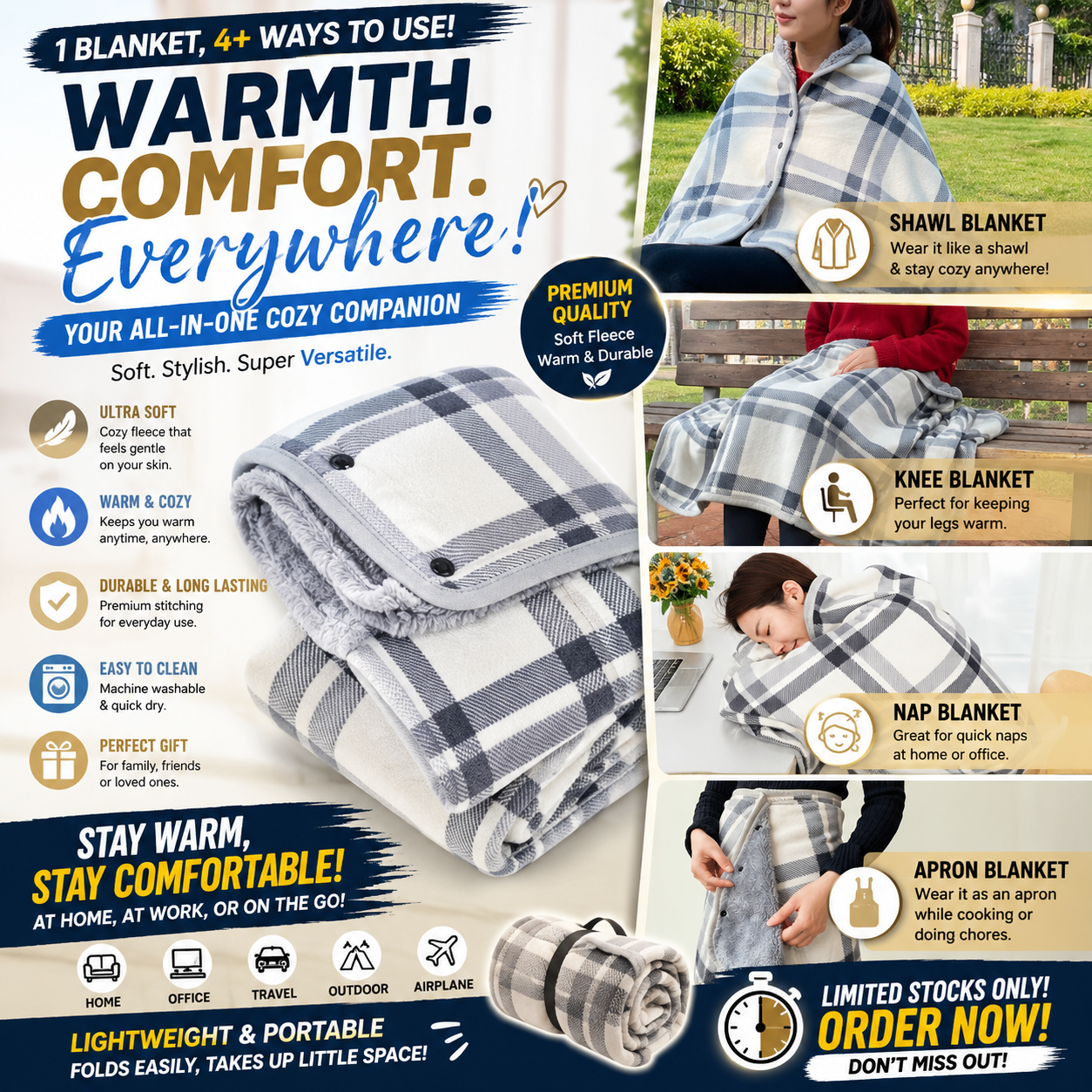 Wearable Plaid Fleece Blanket