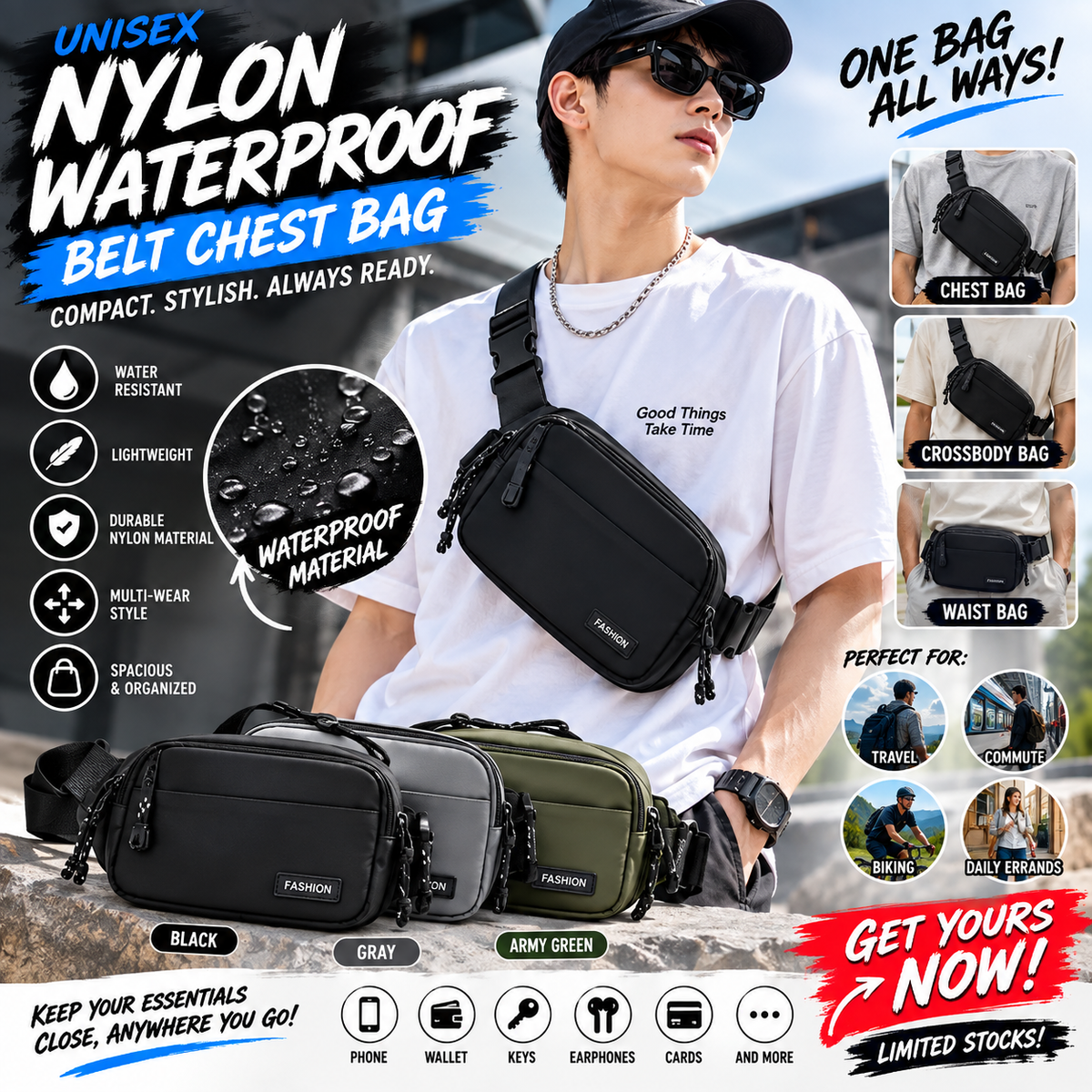 UNISEX Nylon Waterproof Belt Chest Bag